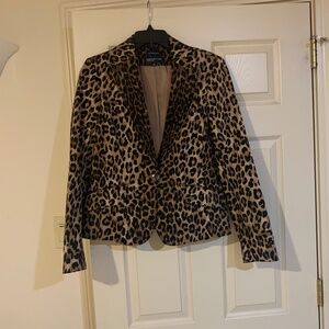 Jones New York Signature Stretch Black/Tan Leopard Lined Blazer sz 10